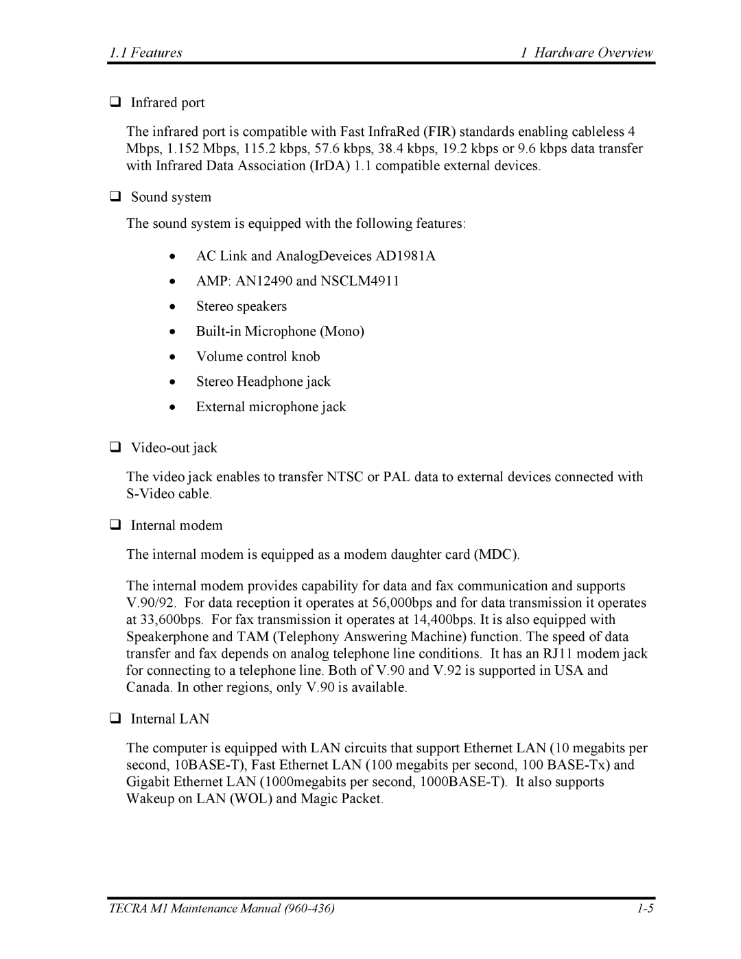 Toshiba tecra m1 manual Features Hardware Overview 