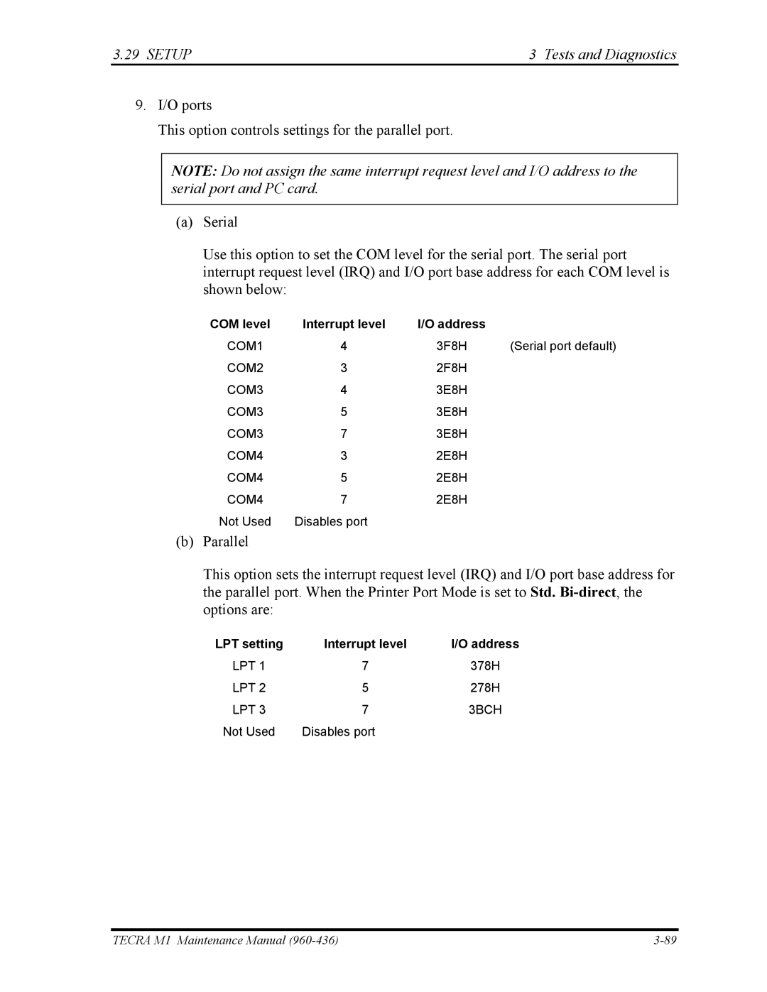 Toshiba tecra m1 manual COM level, LPT setting 