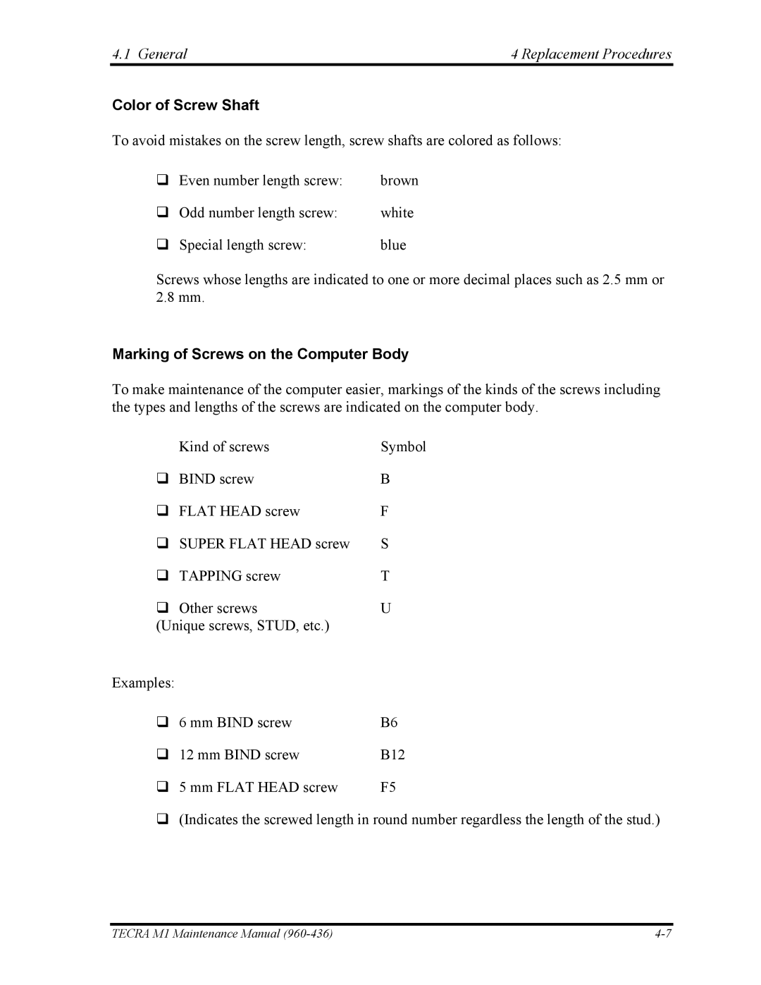 Toshiba tecra m1 manual Color of Screw Shaft, Marking of Screws on the Computer Body 