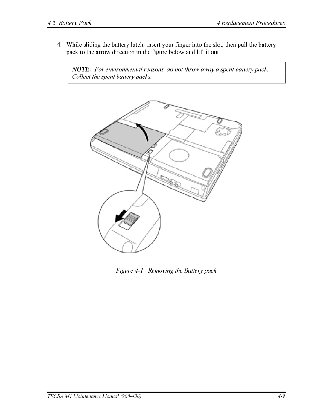 Toshiba tecra m1 manual Battery Pack Replacement Procedures, Removing the Battery pack 