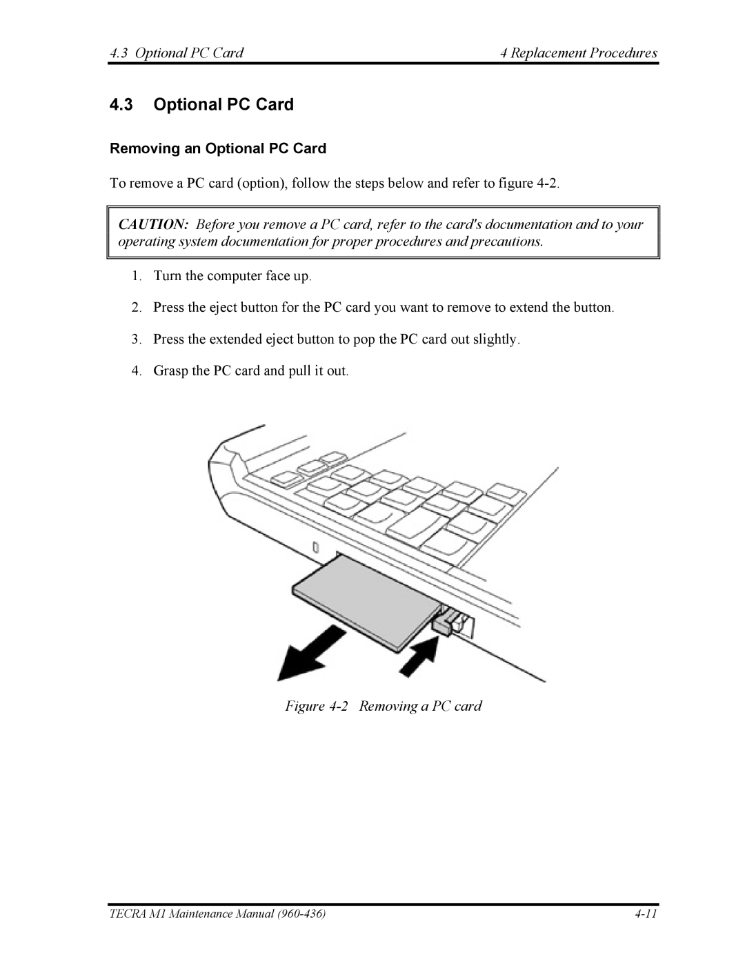 Toshiba tecra m1 manual Optional PC Card Replacement Procedures, Removing an Optional PC Card 