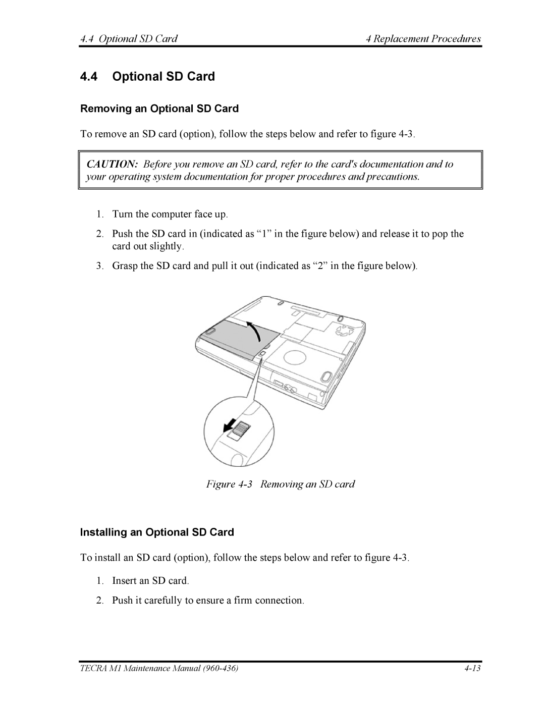 Toshiba tecra m1 Optional SD Card Replacement Procedures, Removing an Optional SD Card, Installing an Optional SD Card 