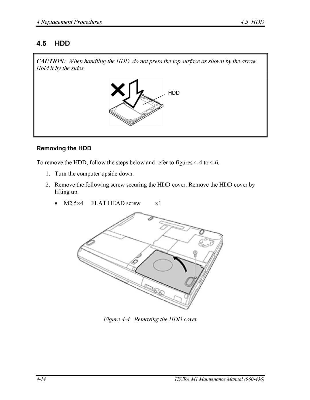 Toshiba tecra m1 manual Hdd, Replacement Procedures HDD, Removing the HDD 