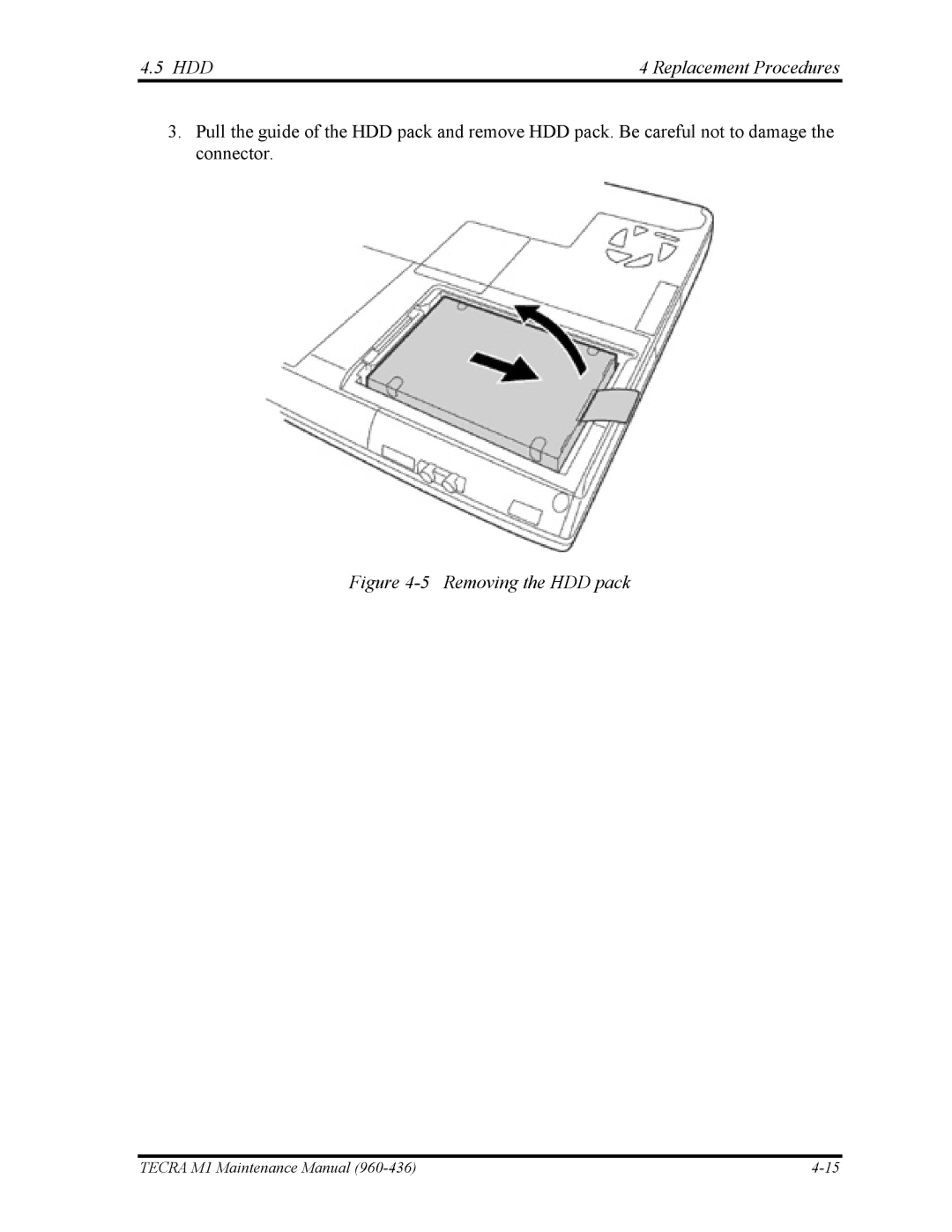 Toshiba tecra m1 manual HDD Replacement Procedures, Removing the HDD pack 