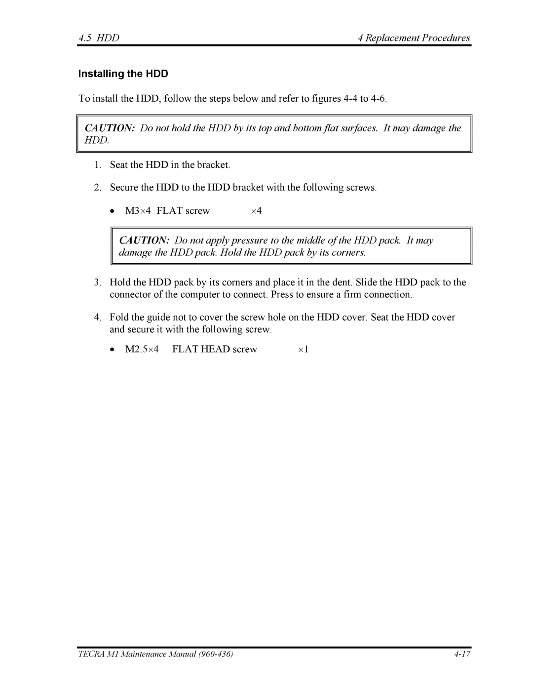 Toshiba tecra m1 manual Installing the HDD 