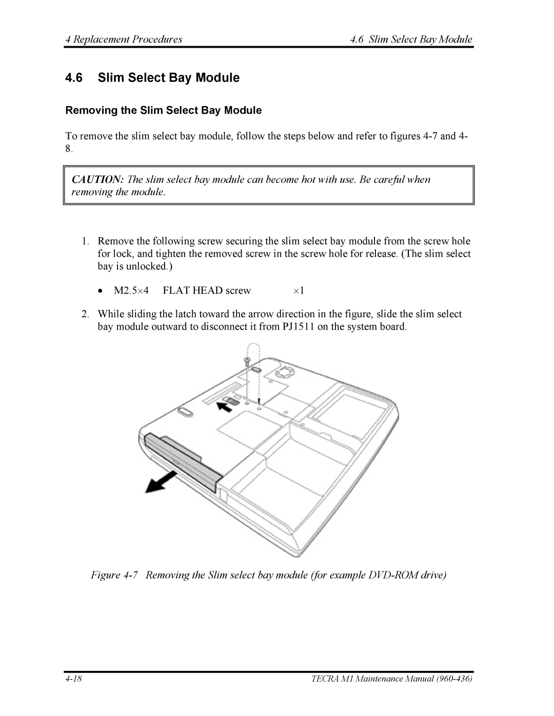 Toshiba tecra m1 manual Replacement Procedures Slim Select Bay Module, Removing the Slim Select Bay Module 