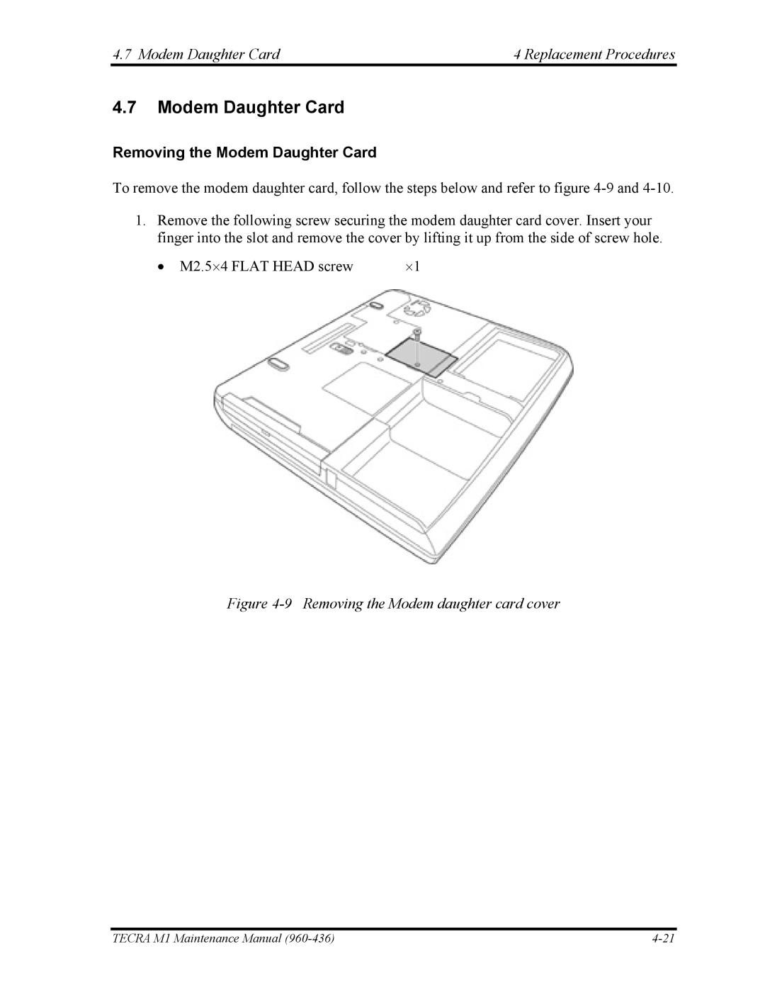 Toshiba tecra m1 manual Modem Daughter Card Replacement Procedures, Removing the Modem Daughter Card 