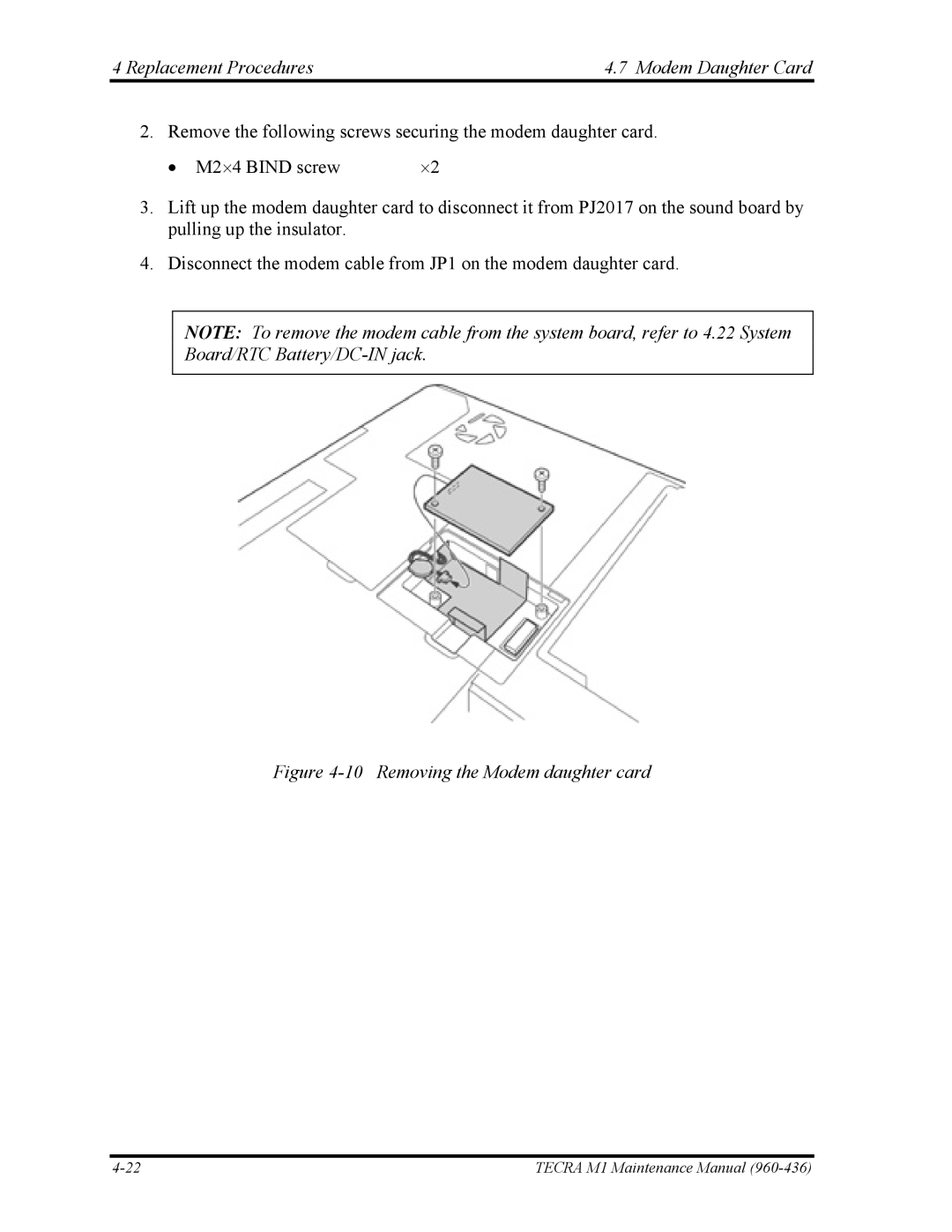 Toshiba tecra m1 manual Replacement Procedures Modem Daughter Card, Removing the Modem daughter card 