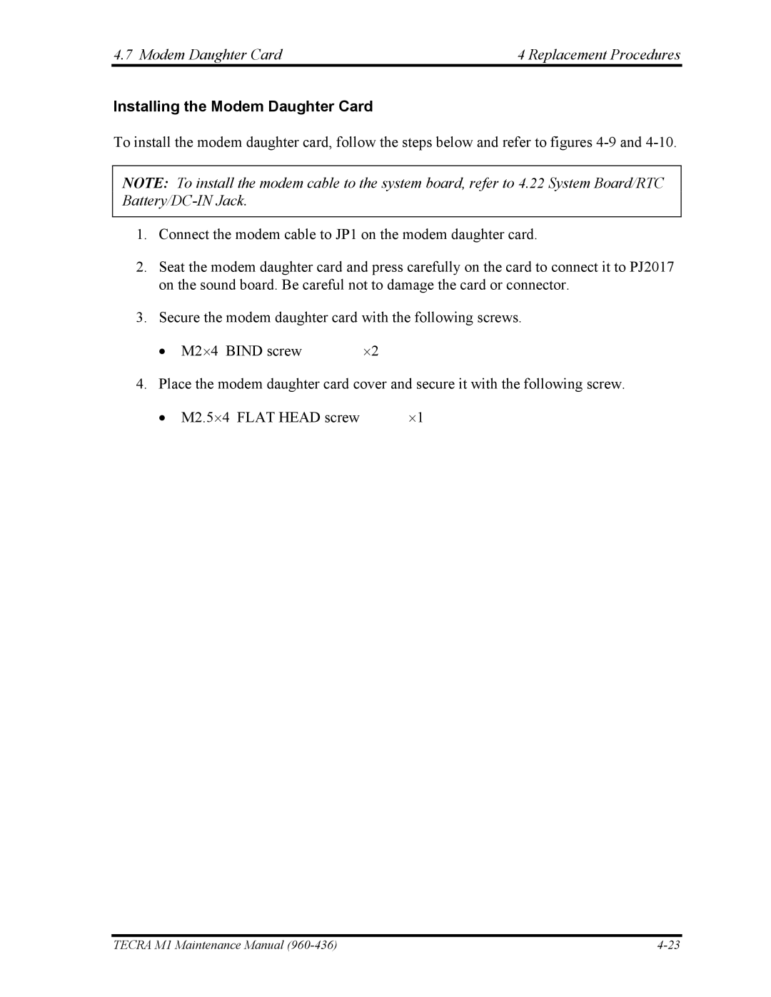 Toshiba tecra m1 manual Installing the Modem Daughter Card 