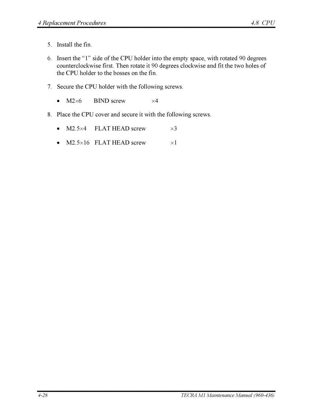 Toshiba tecra m1 manual Replacement Procedures CPU 