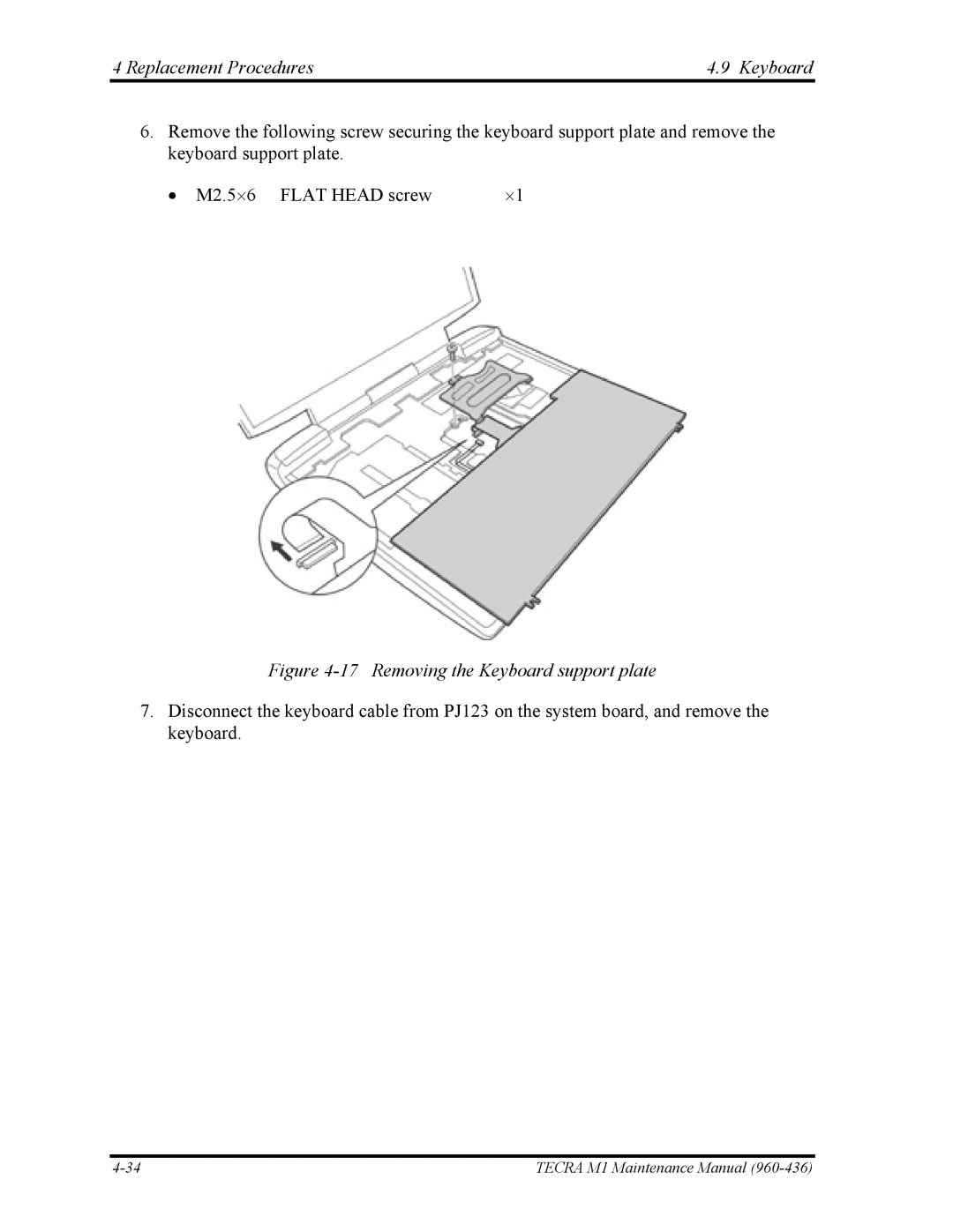 Toshiba tecra m1 manual Removing the Keyboard support plate 