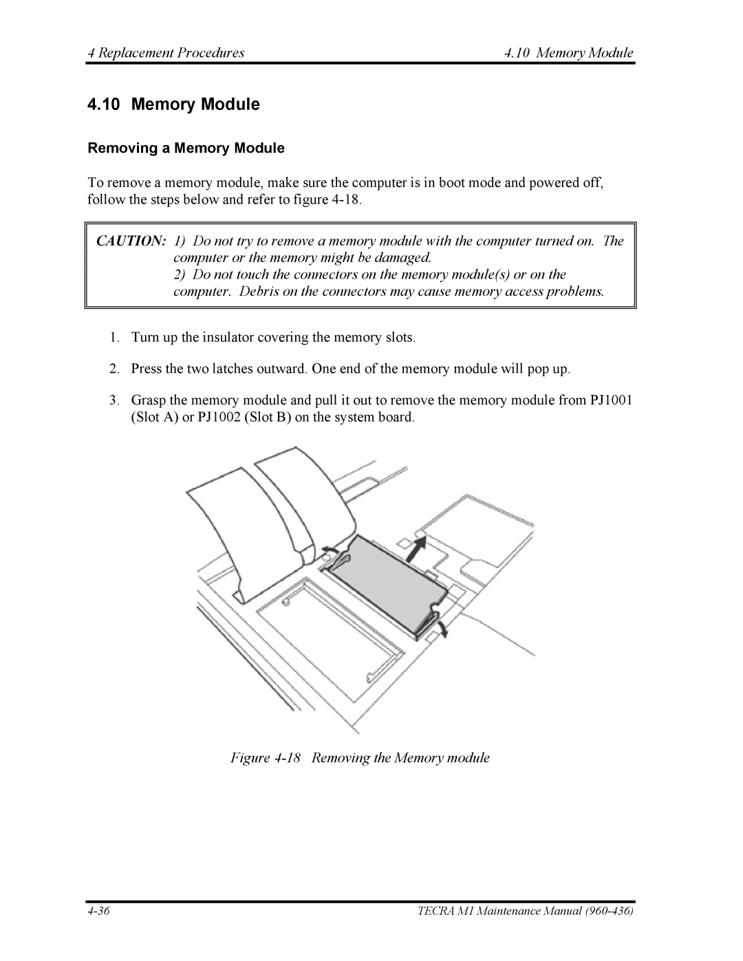 Toshiba tecra m1 manual Replacement Procedures Memory Module, Removing a Memory Module 