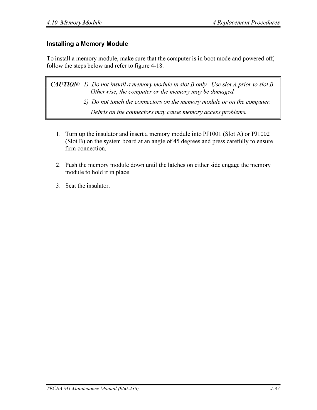 Toshiba tecra m1 manual Memory Module Replacement Procedures, Installing a Memory Module 