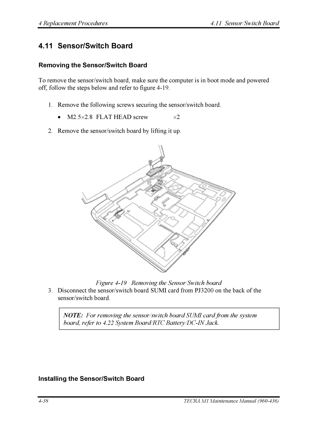 Toshiba tecra m1 manual Replacement Procedures Sensor/Switch Board, Removing the Sensor/Switch Board 