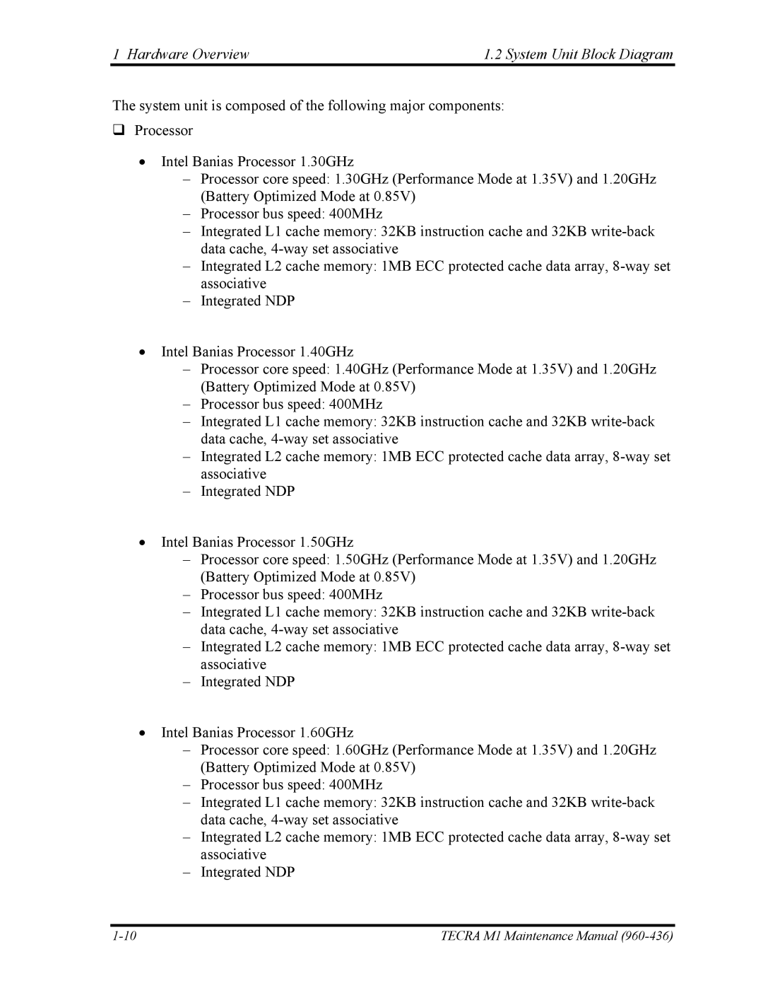 Toshiba tecra m1 manual Hardware Overview System Unit Block Diagram 