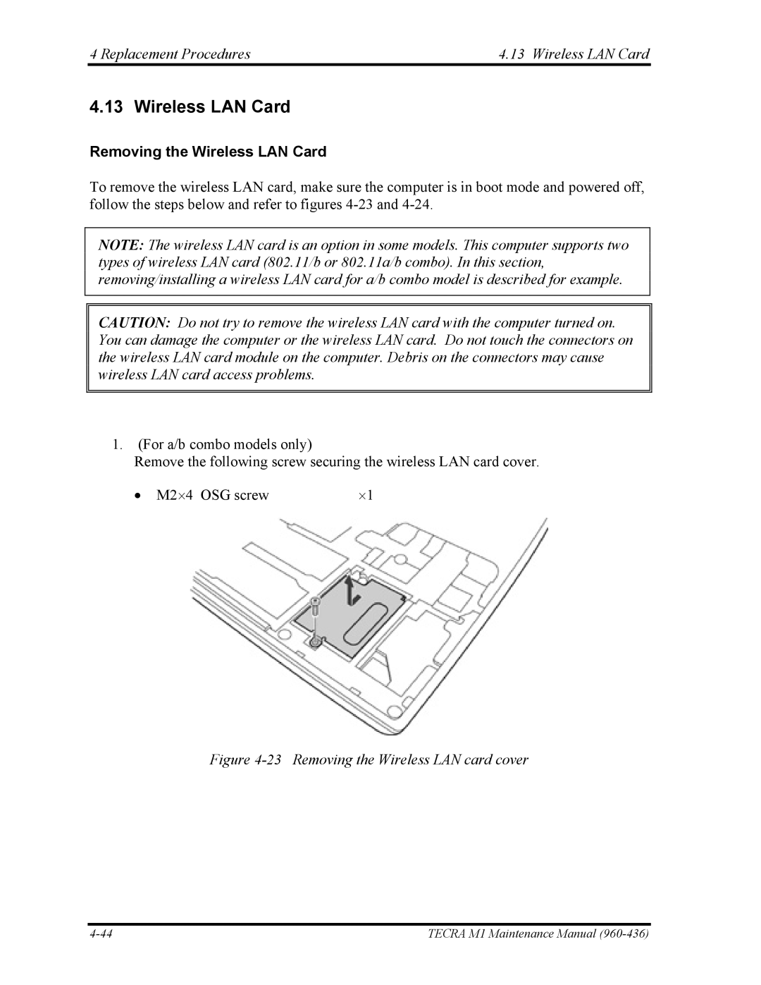 Toshiba tecra m1 manual Replacement Procedures Wireless LAN Card, Removing the Wireless LAN Card 