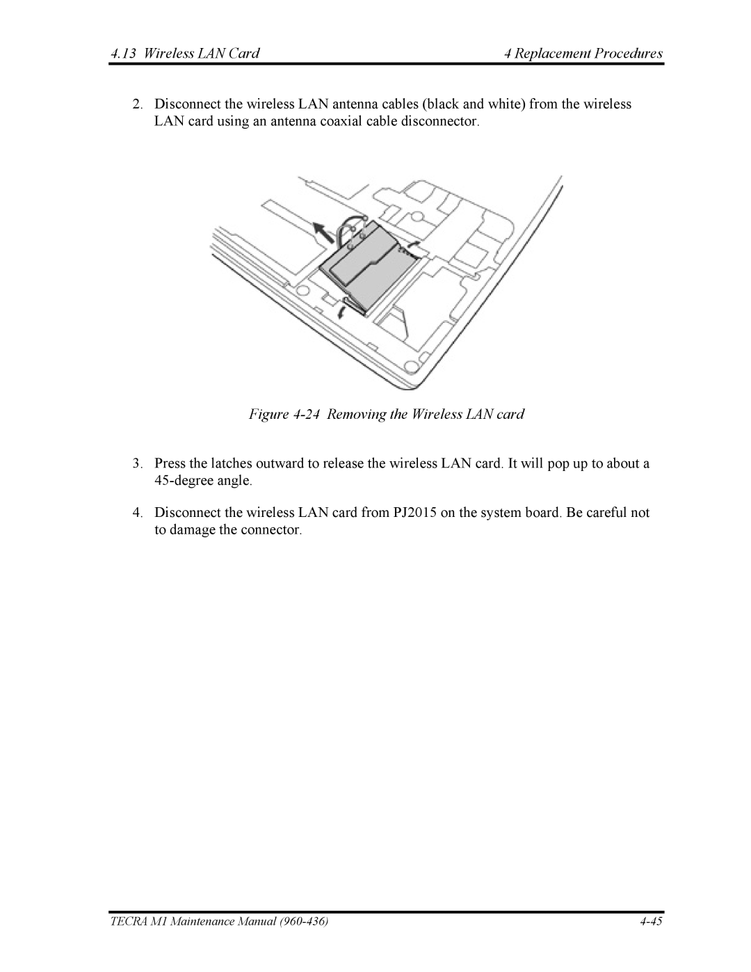 Toshiba tecra m1 manual Wireless LAN Card Replacement Procedures, Removing the Wireless LAN card 