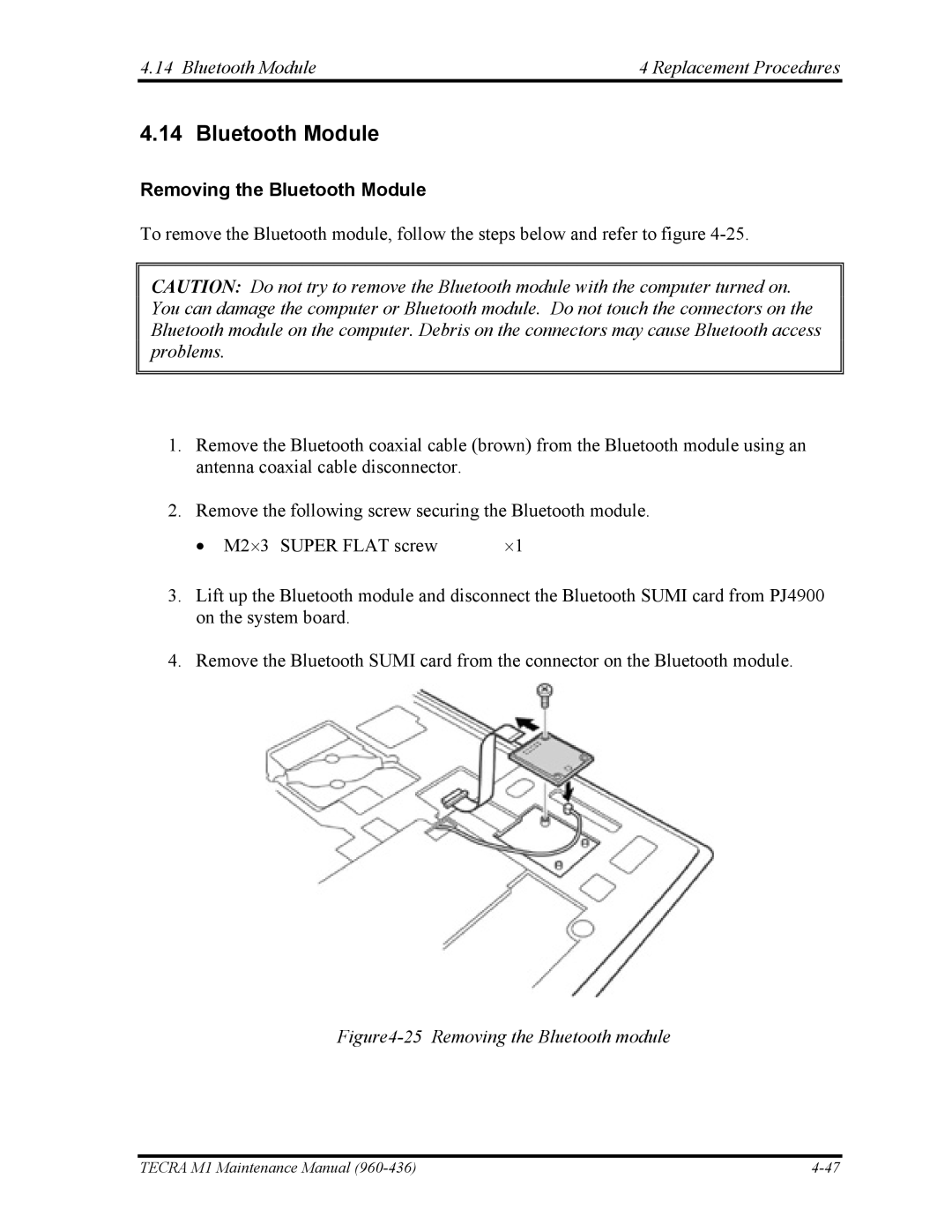 Toshiba tecra m1 manual Bluetooth Module Replacement Procedures, Removing the Bluetooth Module 