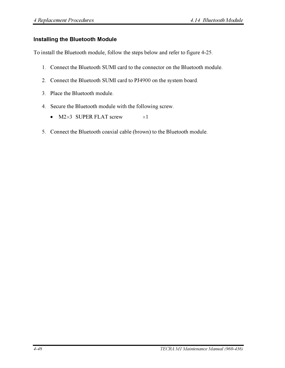 Toshiba tecra m1 manual Replacement Procedures Bluetooth Module, Installing the Bluetooth Module 