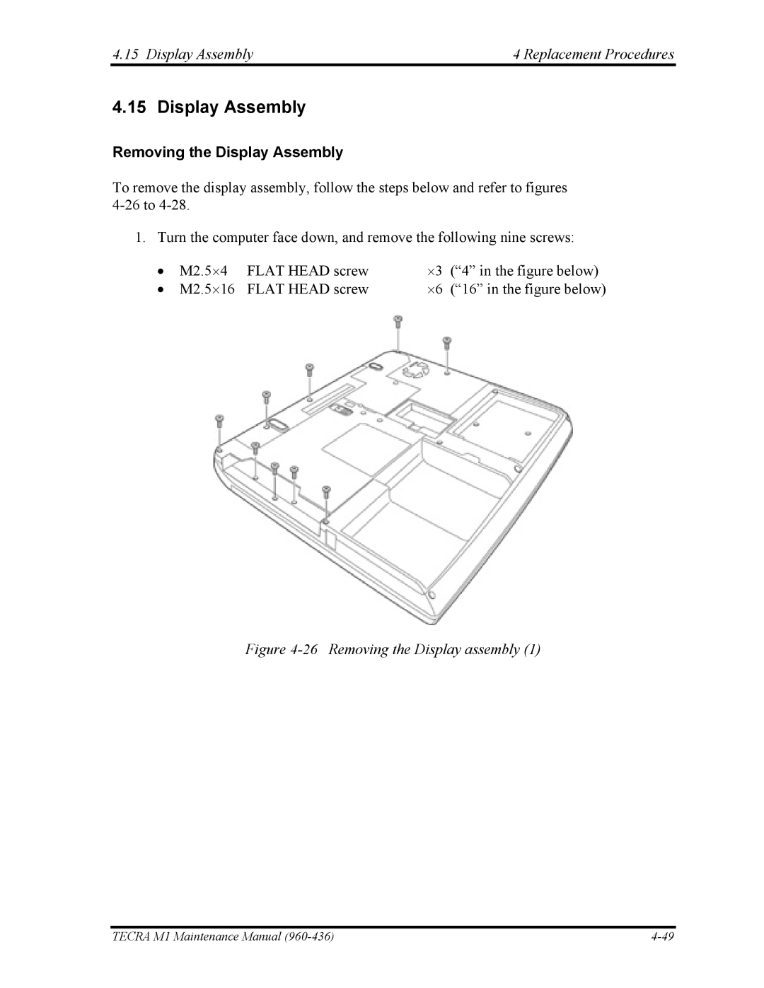 Toshiba tecra m1 manual Display Assembly Replacement Procedures, Removing the Display Assembly 