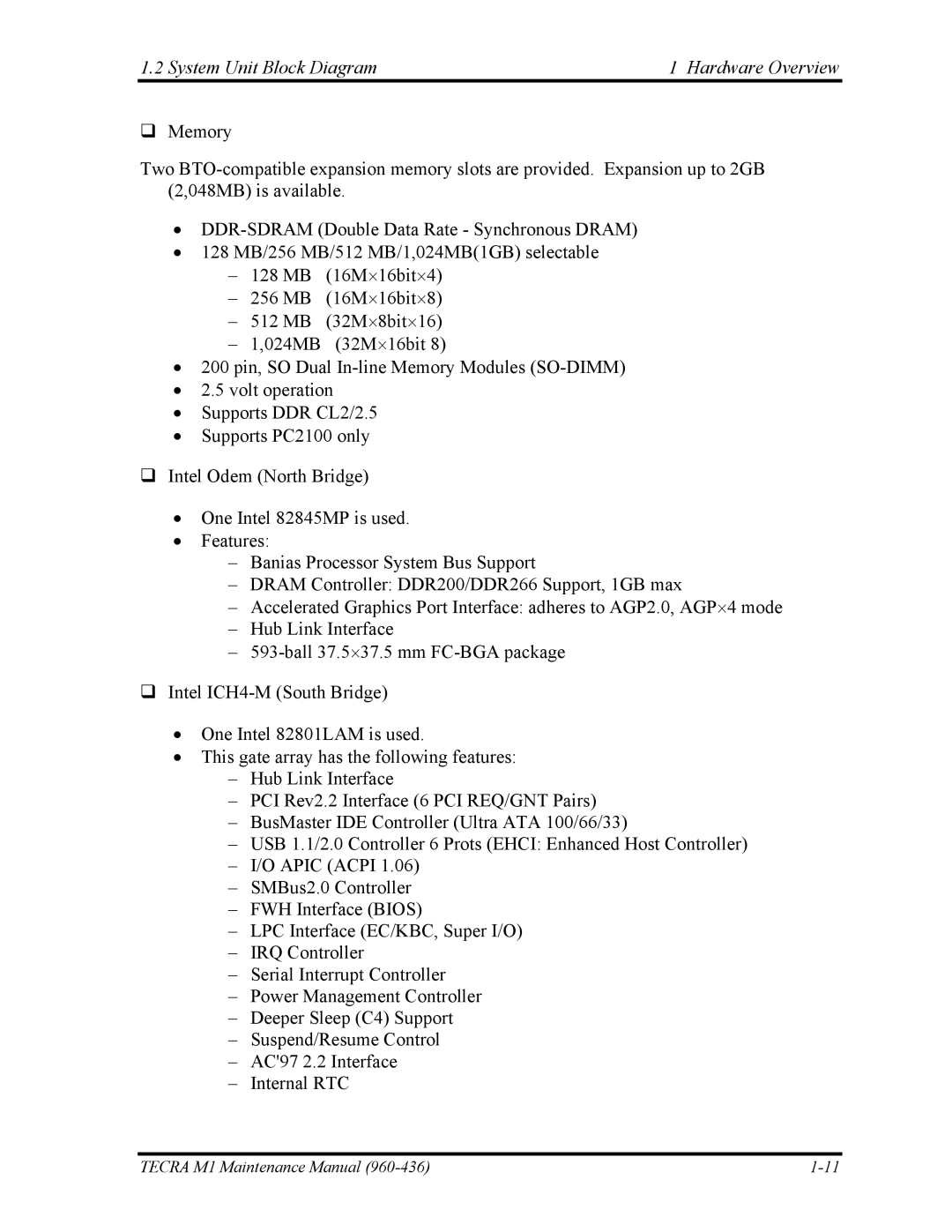 Toshiba tecra m1 manual System Unit Block Diagram Hardware Overview 