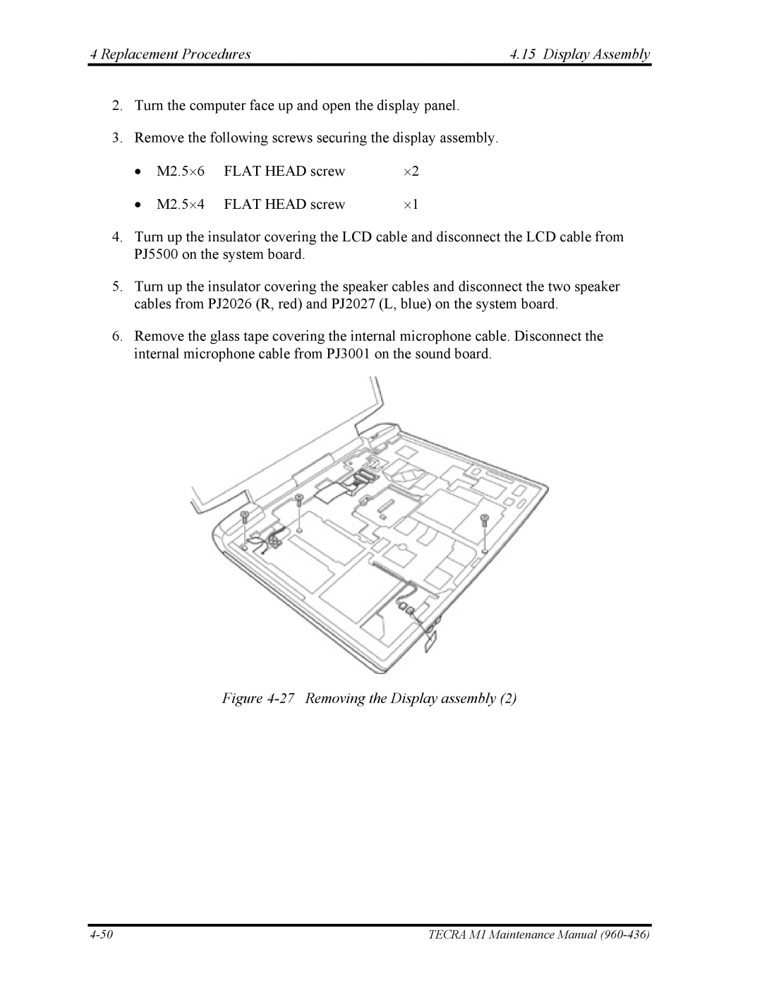 Toshiba tecra m1 manual Replacement Procedures Display Assembly, Removing the Display assembly 