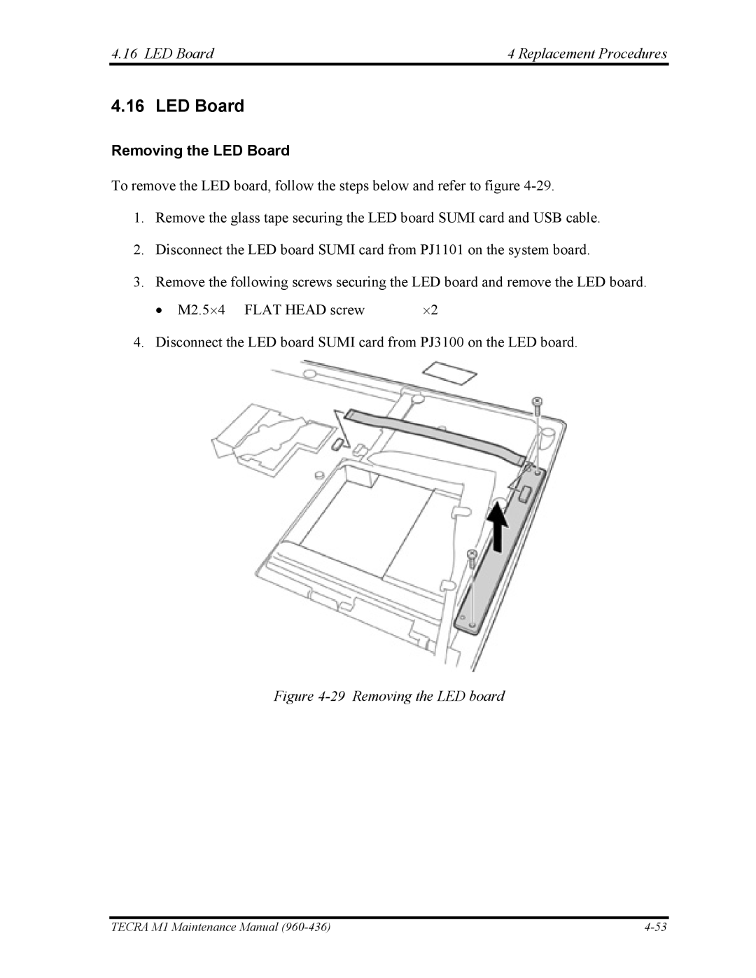 Toshiba tecra m1 manual LED Board Replacement Procedures, Removing the LED Board 