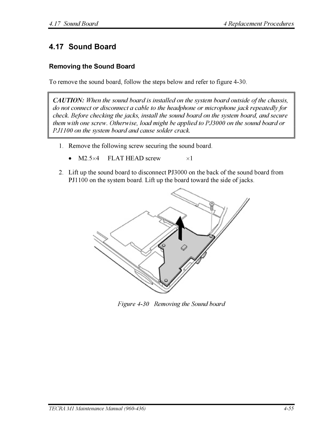 Toshiba tecra m1 manual Sound Board Replacement Procedures, Removing the Sound Board 