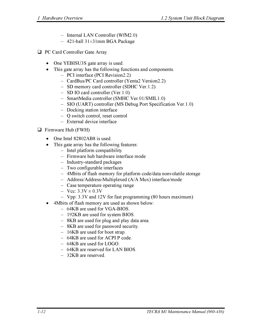 Toshiba tecra m1 manual Hardware Overview System Unit Block Diagram 