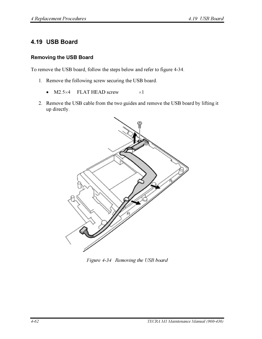 Toshiba tecra m1 manual Replacement Procedures USB Board, Removing the USB Board 