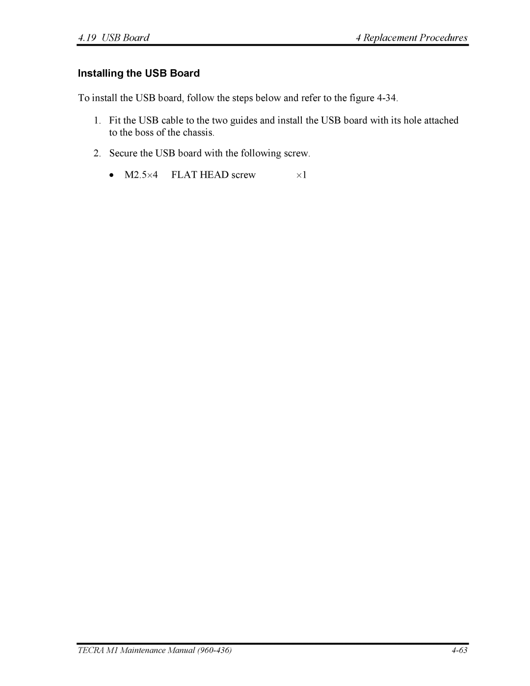 Toshiba tecra m1 manual USB Board Replacement Procedures, Installing the USB Board 