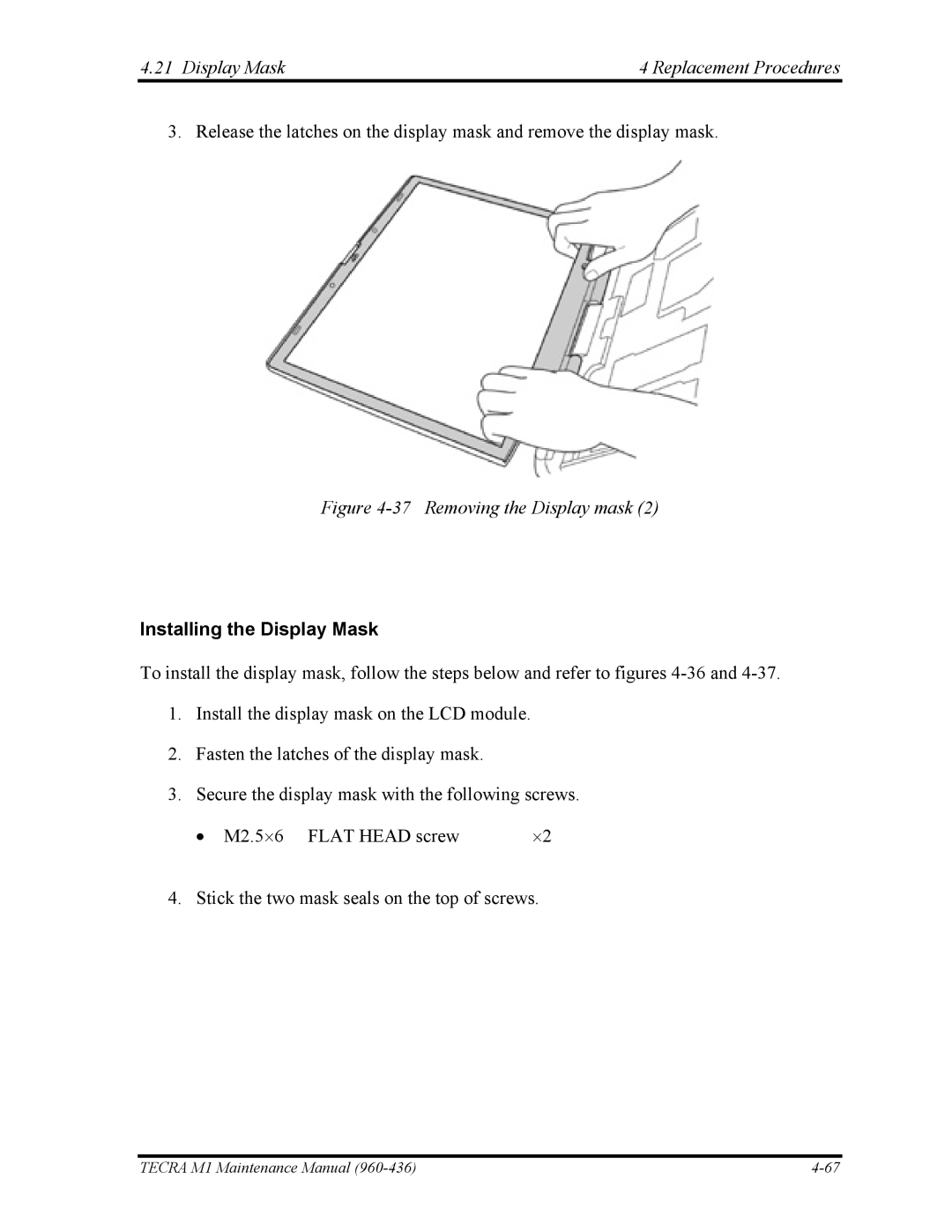 Toshiba tecra m1 manual Display Mask Replacement Procedures, Installing the Display Mask 