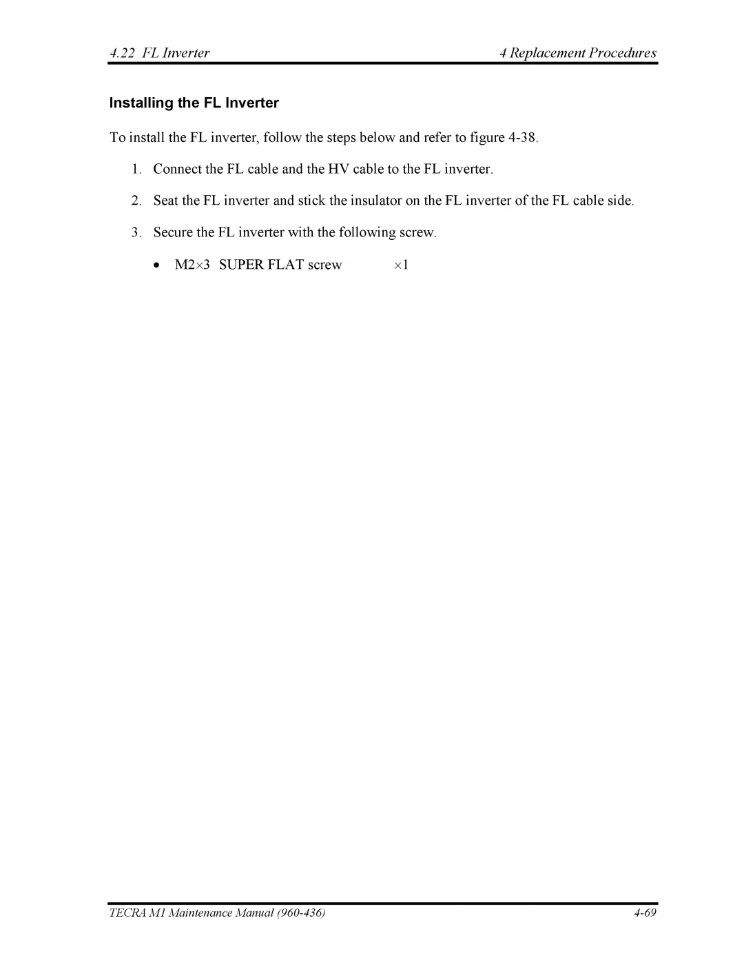 Toshiba tecra m1 manual FL Inverter Replacement Procedures, Installing the FL Inverter 