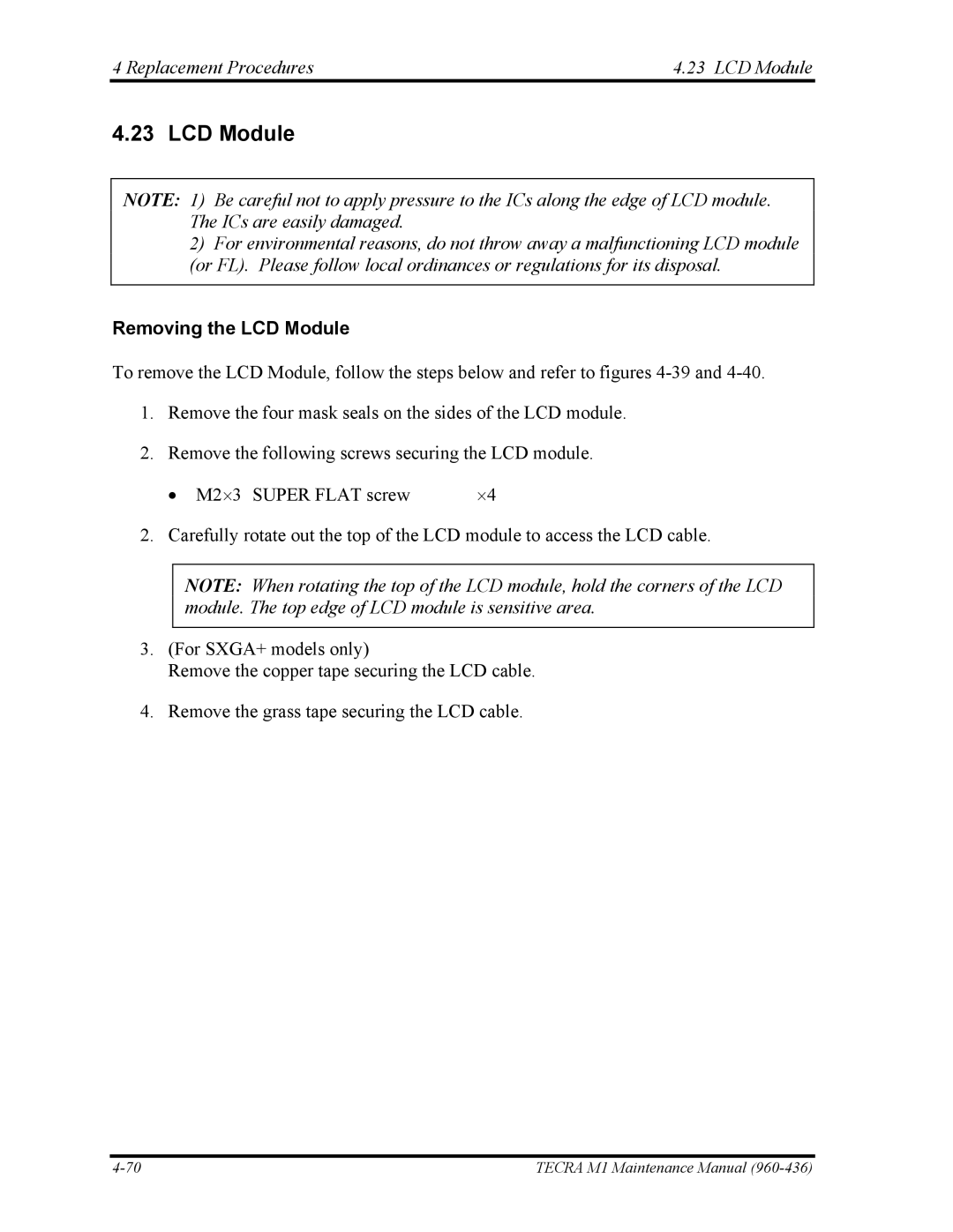 Toshiba tecra m1 manual Replacement Procedures LCD Module, Removing the LCD Module 