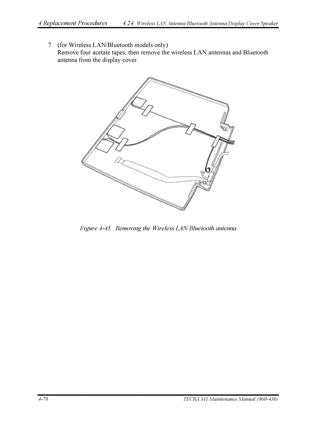 Toshiba tecra m1 manual Removing the Wireless LAN/Bluetooth antenna 