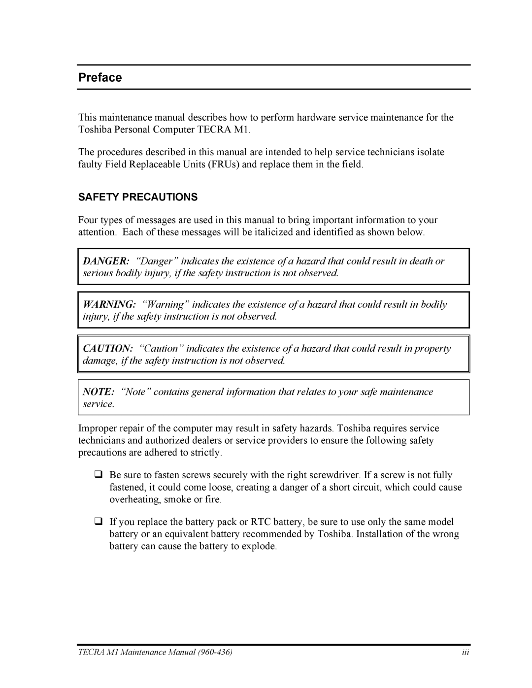 Toshiba tecra m1 manual Preface, Safety Precautions 