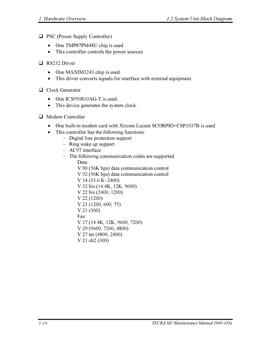 Toshiba tecra m1 manual Hardware Overview System Unit Block Diagram 