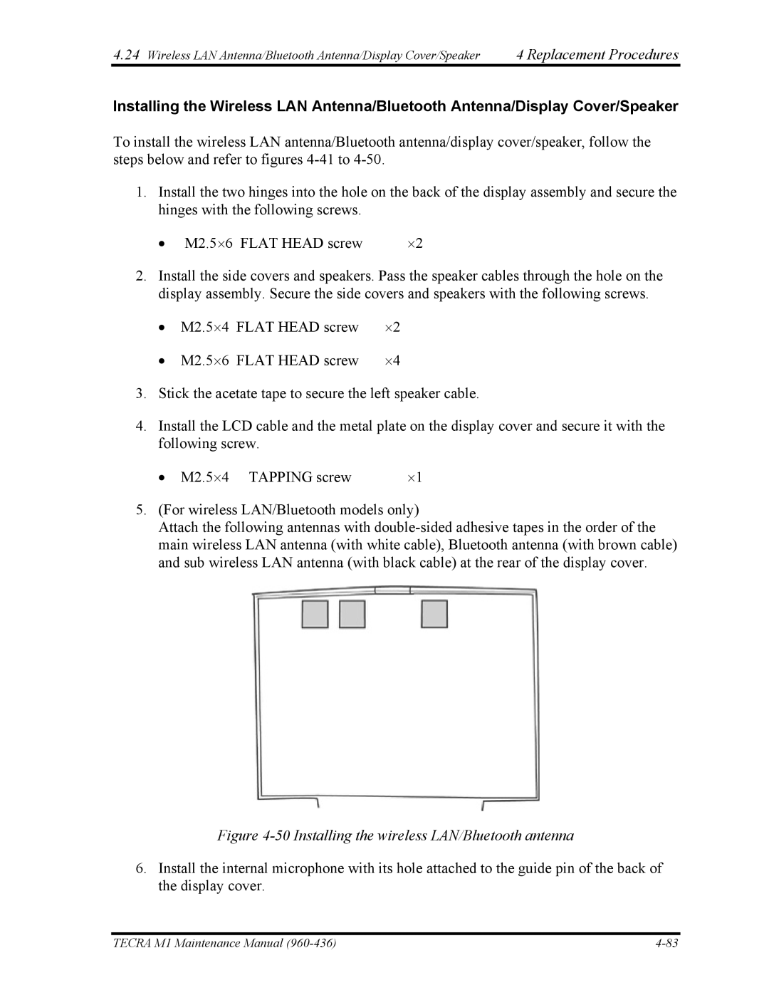 Toshiba tecra m1 manual Installing the wireless LAN/Bluetooth antenna 