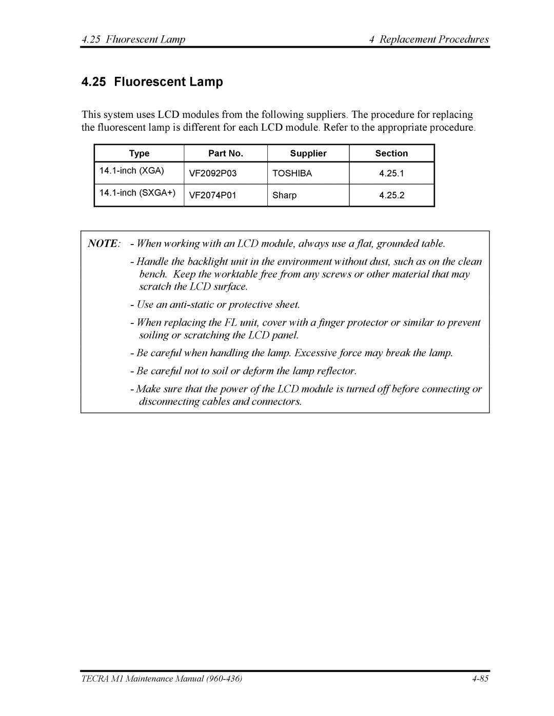 Toshiba tecra m1 manual Fluorescent Lamp Replacement Procedures, Type Supplier Section 