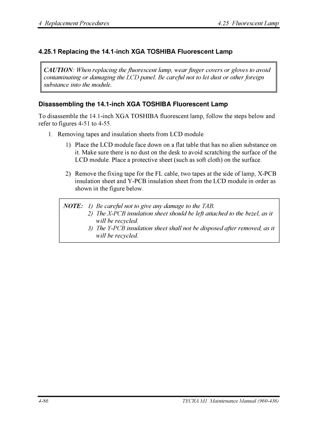 Toshiba tecra m1 manual Replacement Procedures Fluorescent Lamp 