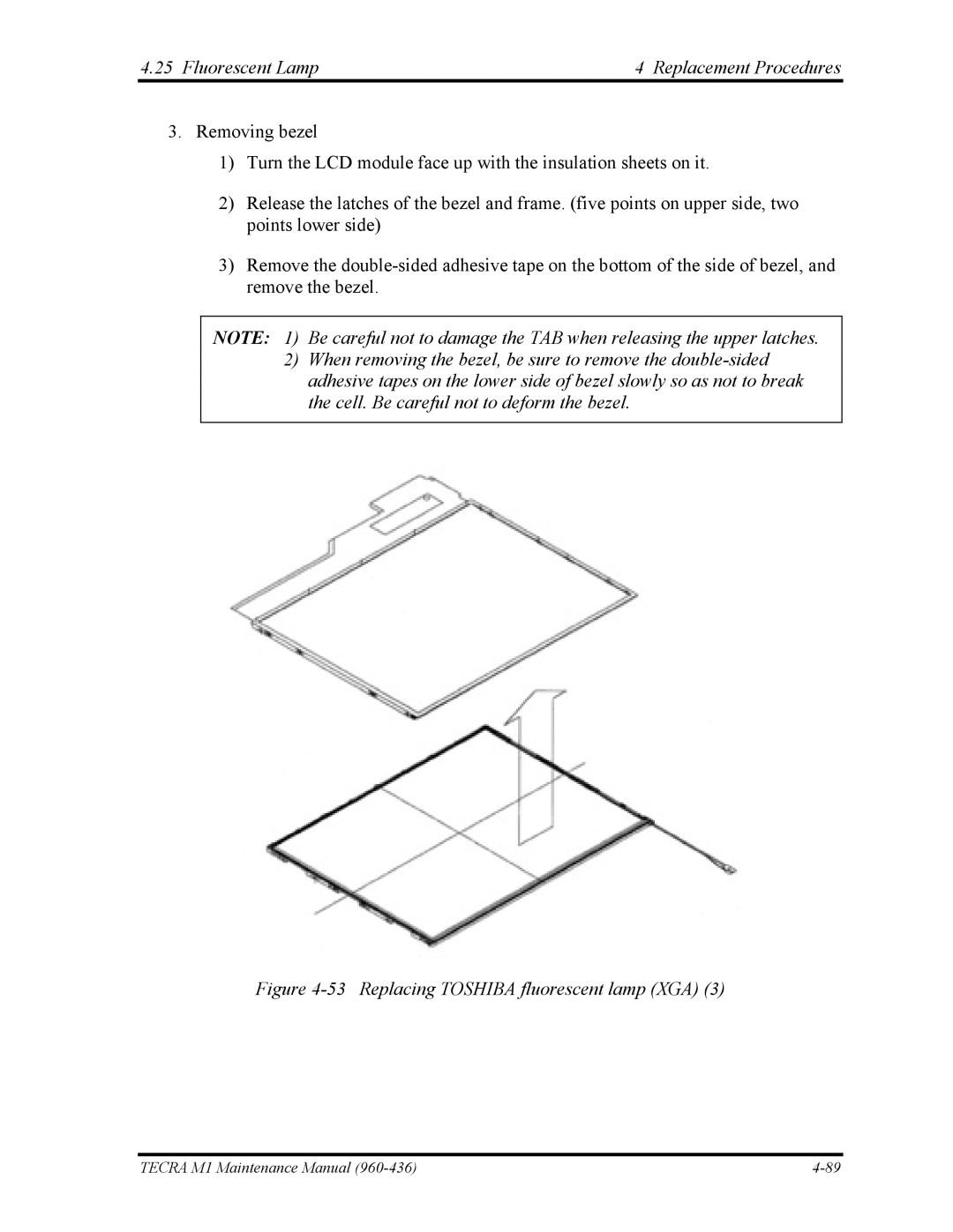 Toshiba tecra m1 manual Replacing Toshiba fluorescent lamp XGA 