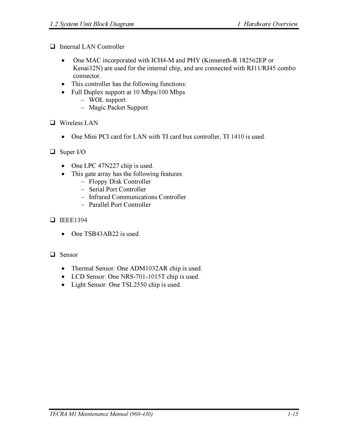 Toshiba tecra m1 manual System Unit Block Diagram Hardware Overview 