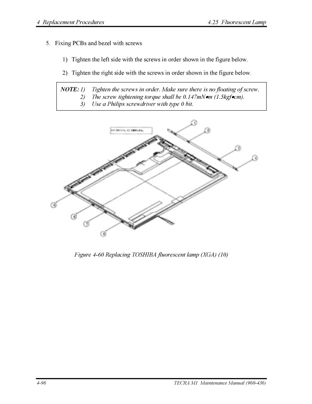 Toshiba tecra m1 manual Replacing Toshiba fluorescent lamp XGA 