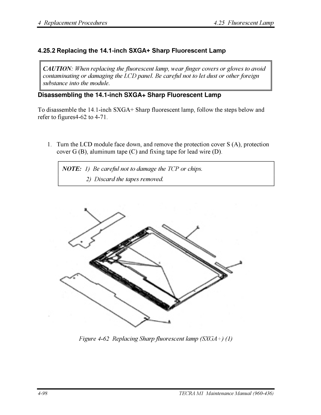 Toshiba tecra m1 manual Replacing Sharp fluorescent lamp SXGA+ 