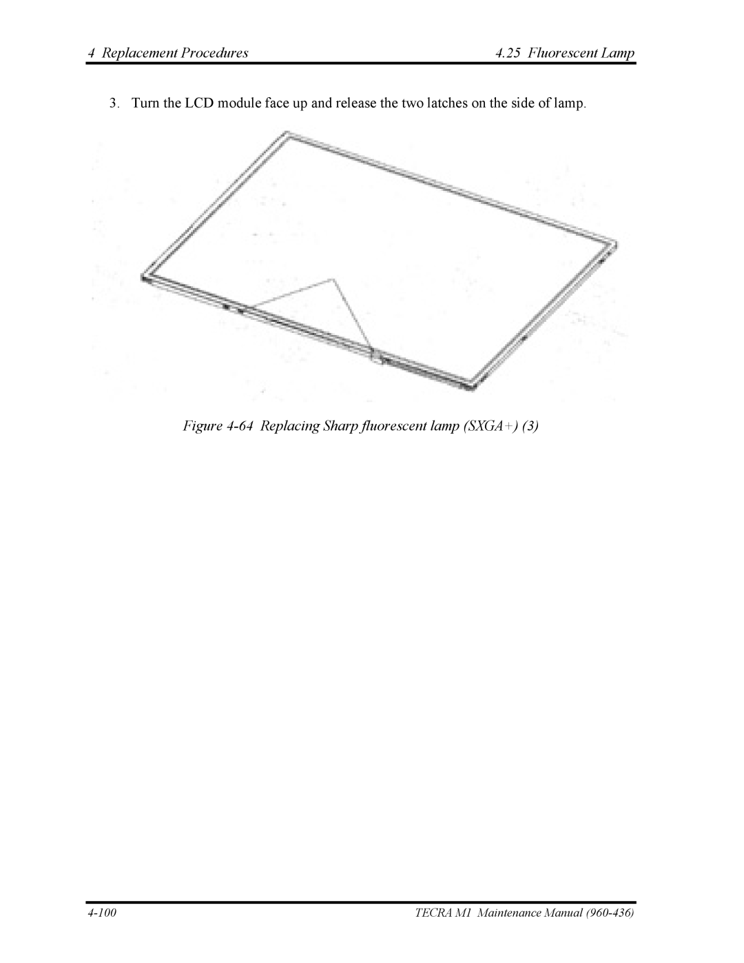 Toshiba tecra m1 manual Replacement Procedures4.25 Fluorescent Lamp, Replacing Sharp fluorescent lamp SXGA+ 