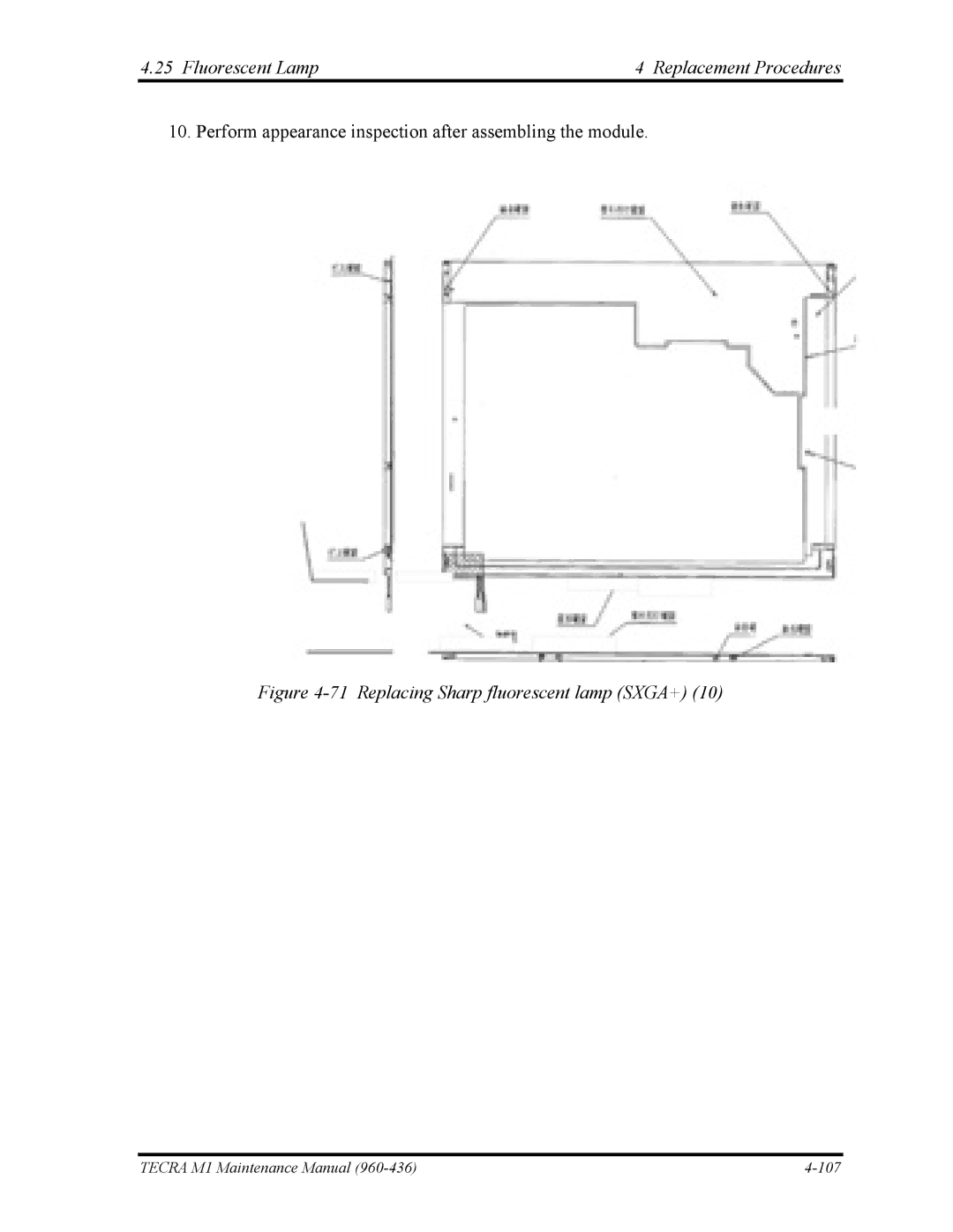 Toshiba tecra m1 manual Fluorescent Lamp4 Replacement Procedures, Replacing Sharp fluorescent lamp SXGA+ 