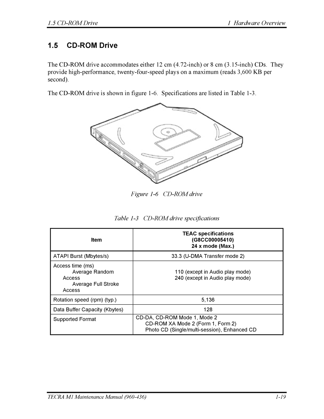 Toshiba tecra m1 manual CD-ROM Drive Hardware Overview, CD-ROM drive specifications, Teac specifications, G8CC00005410 