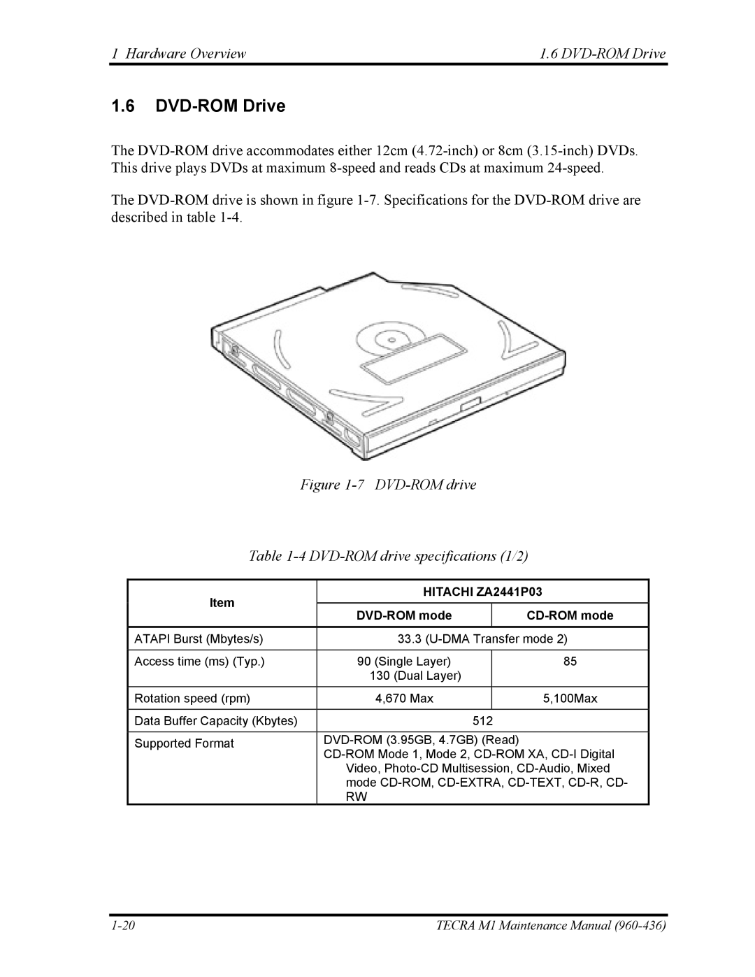 Toshiba tecra m1 manual Hardware Overview DVD-ROM Drive, DVD-ROM mode CD-ROM mode 