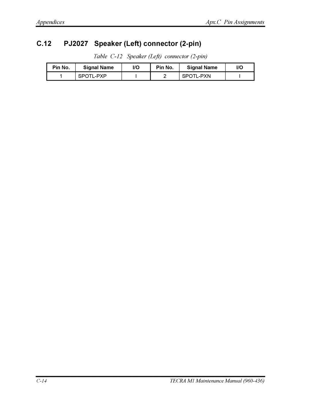 Toshiba tecra m1 manual 12 PJ2027 Speaker Left connector 2-pin, Table C-12 Speaker Left connector 2-pin 