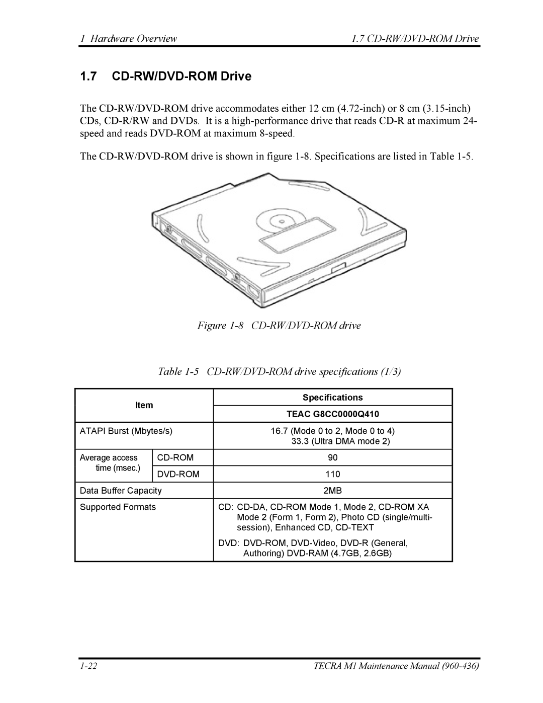 Toshiba tecra m1 manual Hardware Overview CD-RW/DVD-ROM Drive, Specifications, Teac G8CC0000Q410 